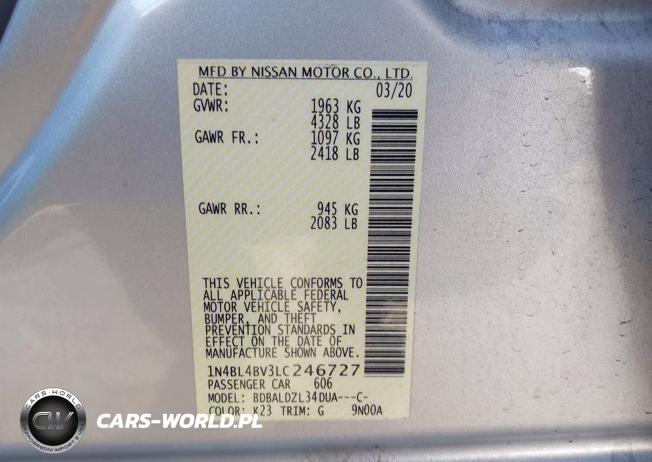 2020 Nissan Altima S Fwd VIN:1N4BL4BV3LC246727 - 9