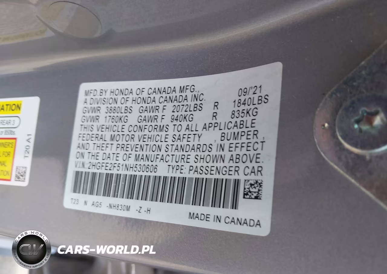2022 Honda Civic Sport VIN:2HGFE2F51NH530606 - 9