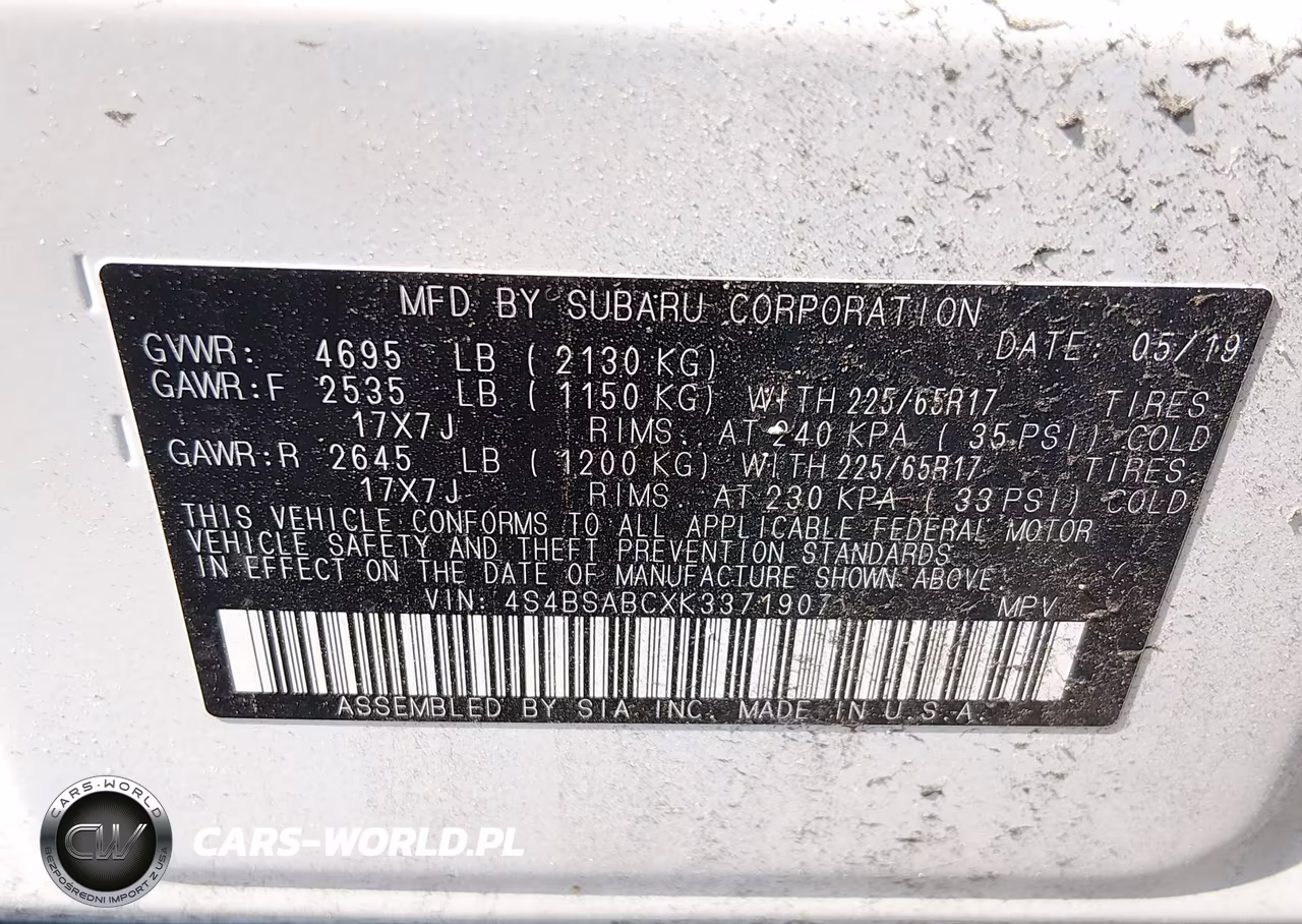 2019 Subaru Outback 2.5I VIN:4S4BSABCXK3371907 - 9