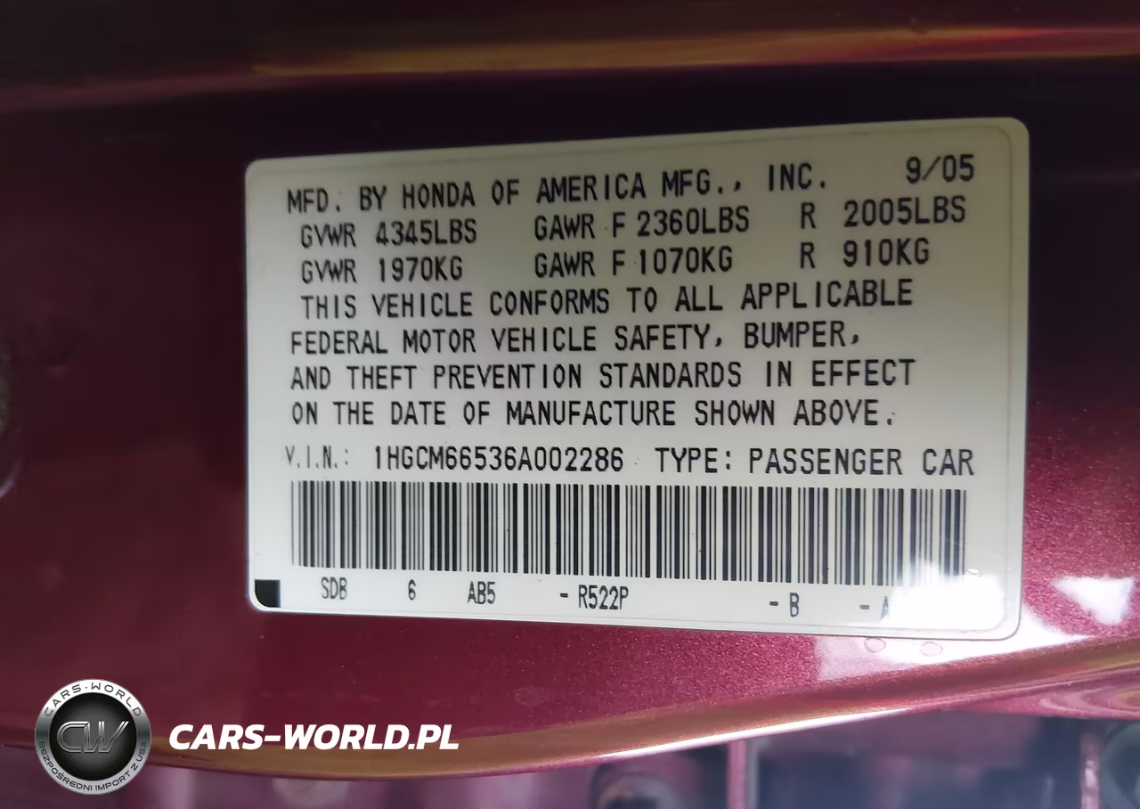 2006 Honda Accord 3.0 Ex VIN:1HGCM66536A002286 - 9