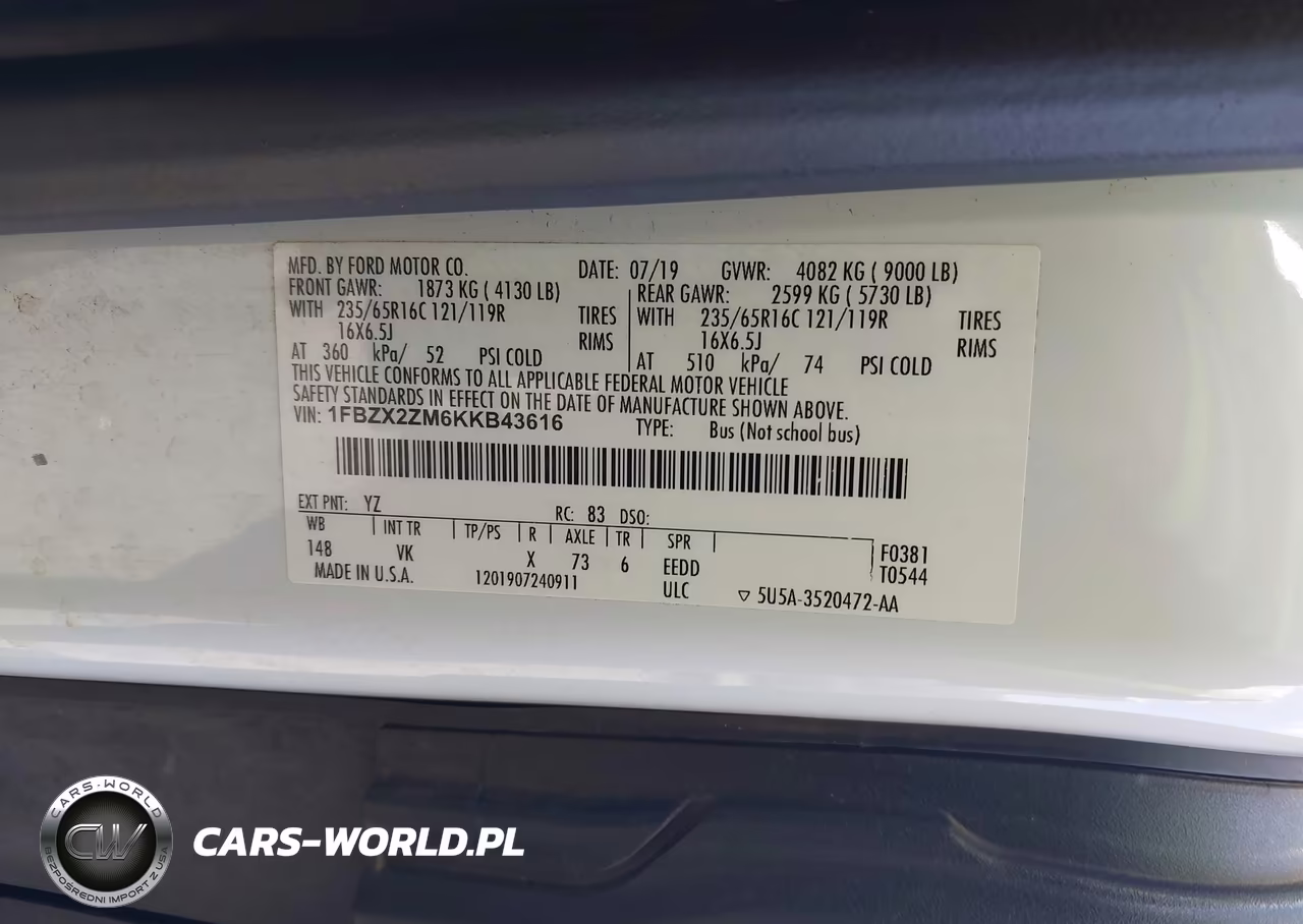 2019 Ford Transit-350 Xl VIN:1FBZX2ZM6KKB43616 - 9