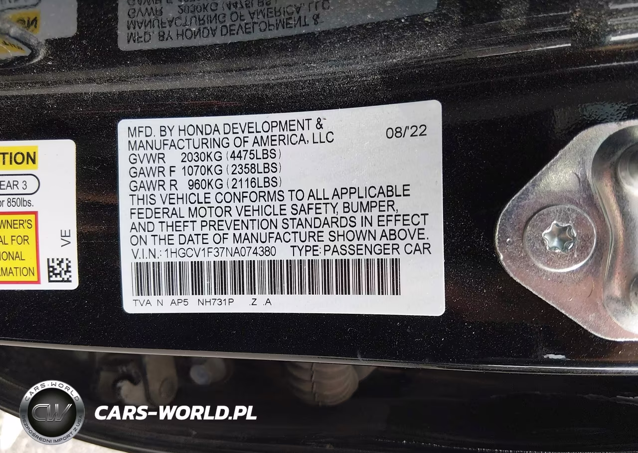 2022 Honda Accord Sport VIN:1HGCV1F37NA074380 - 9