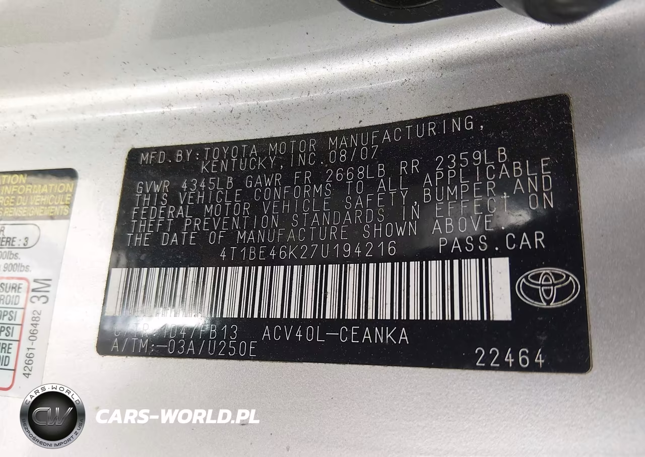 2007 Toyota Camry Le VIN:4T1BE46K27U194216 - 9