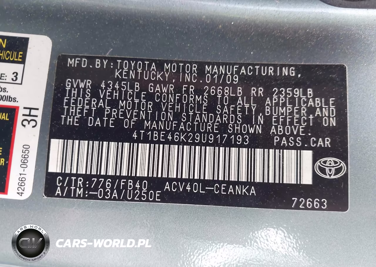 2009 Toyota Camry Le VIN:4T1BE46K29U917193 - 9