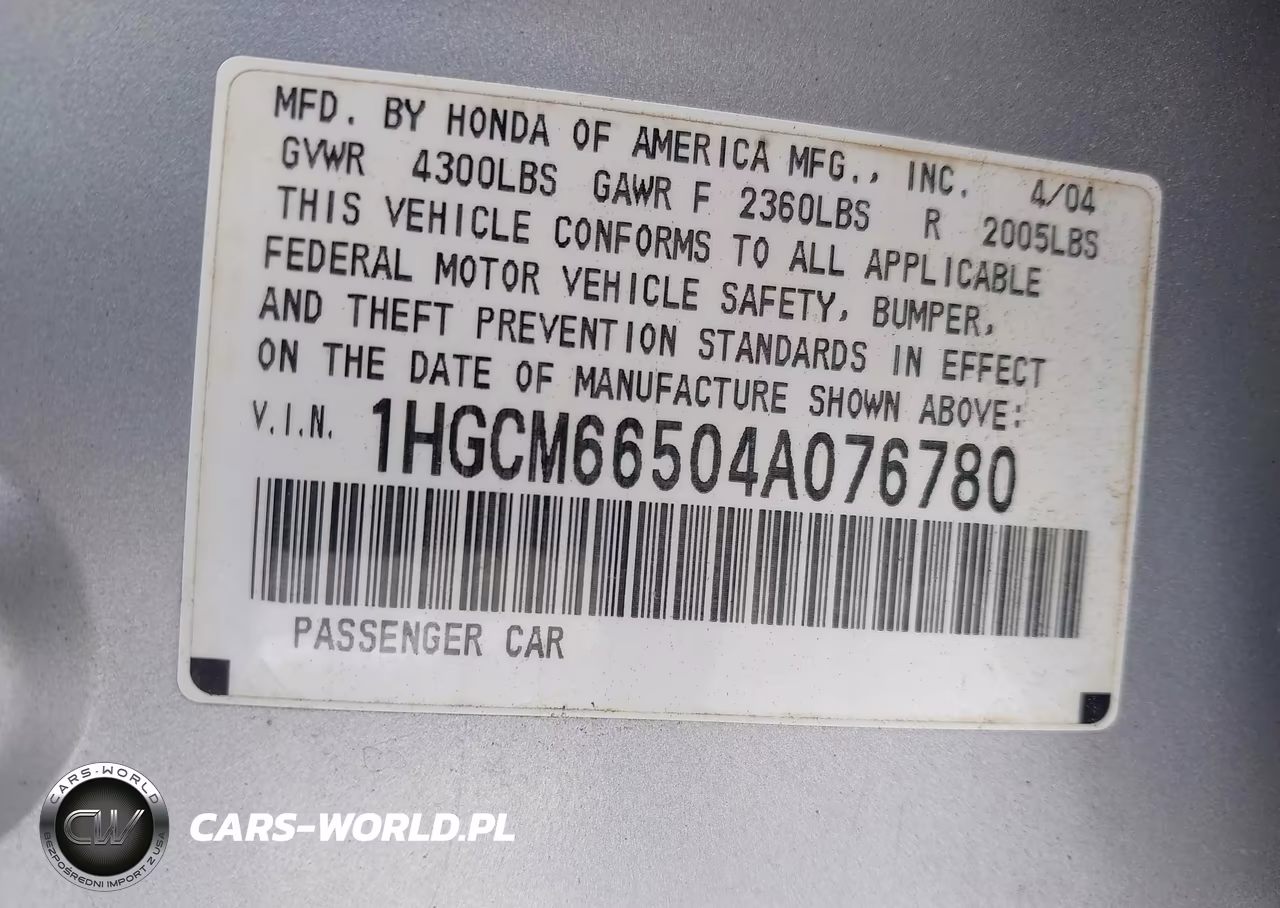 2004 Honda Accord 3.0 Ex VIN:1HGCM66504A076780 - 9