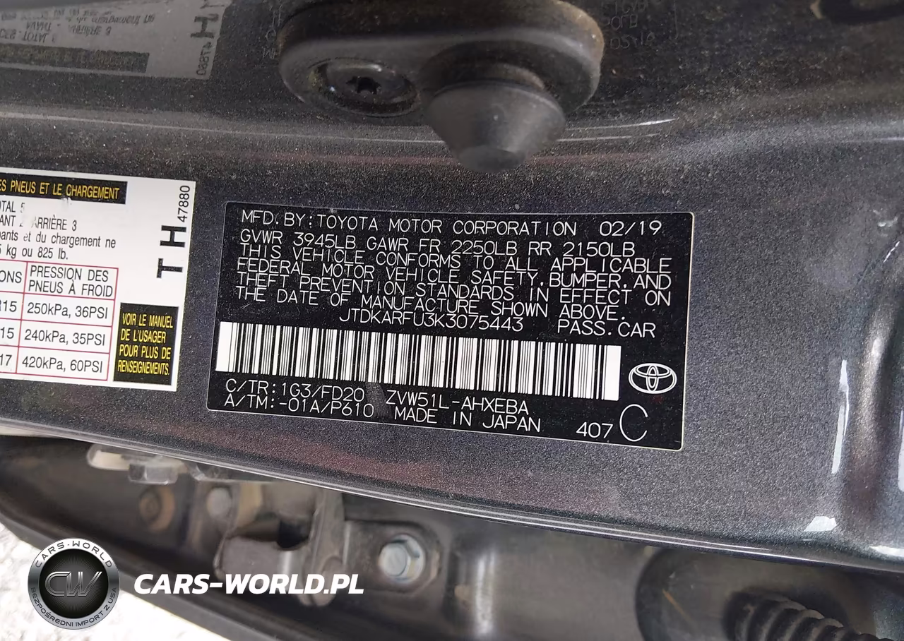 2019 Toyota Prius Le VIN:JTDKARFU3K3075443 - 9