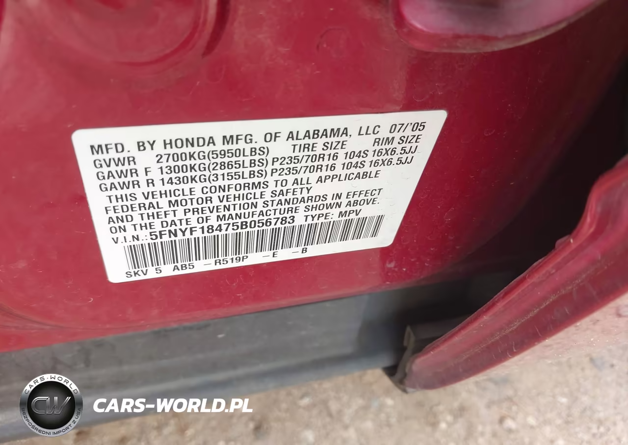 2005 Honda Pilot Ex VIN:5FNYF18475B056783 - 9