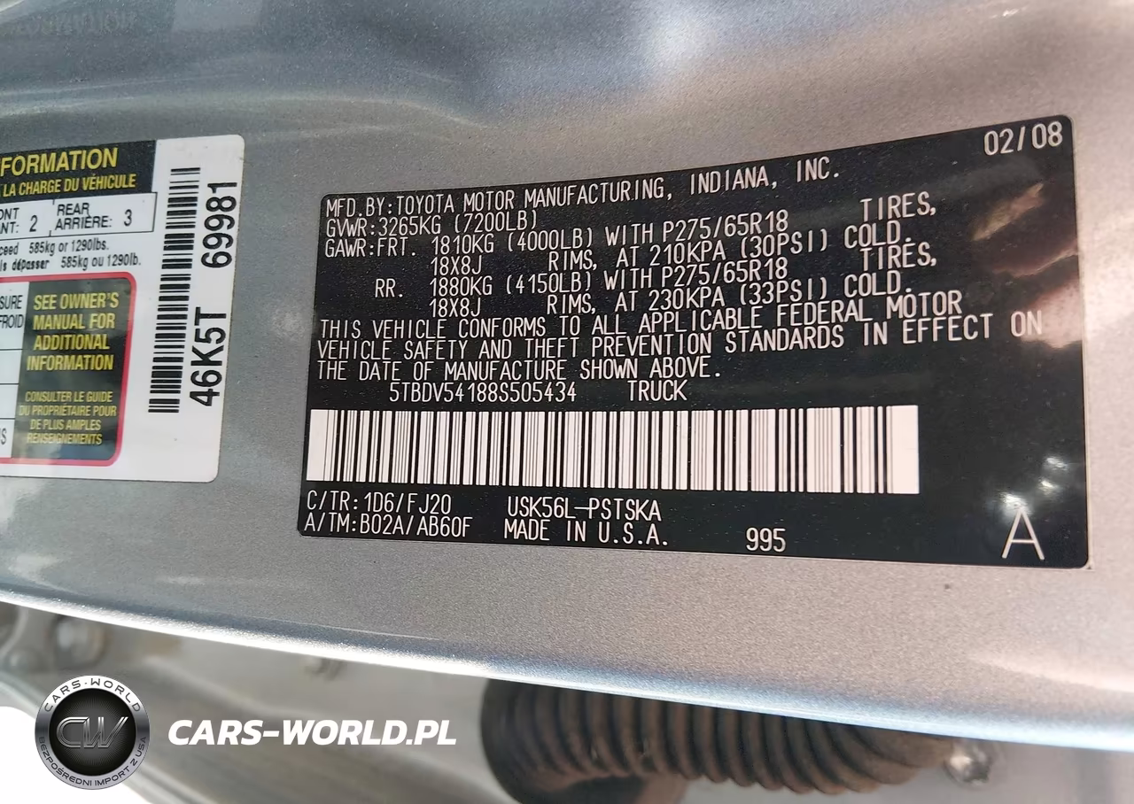 2008 Toyota Tundra Sr5 5.7L V8 VIN:5TBDV54188S505434 - 9