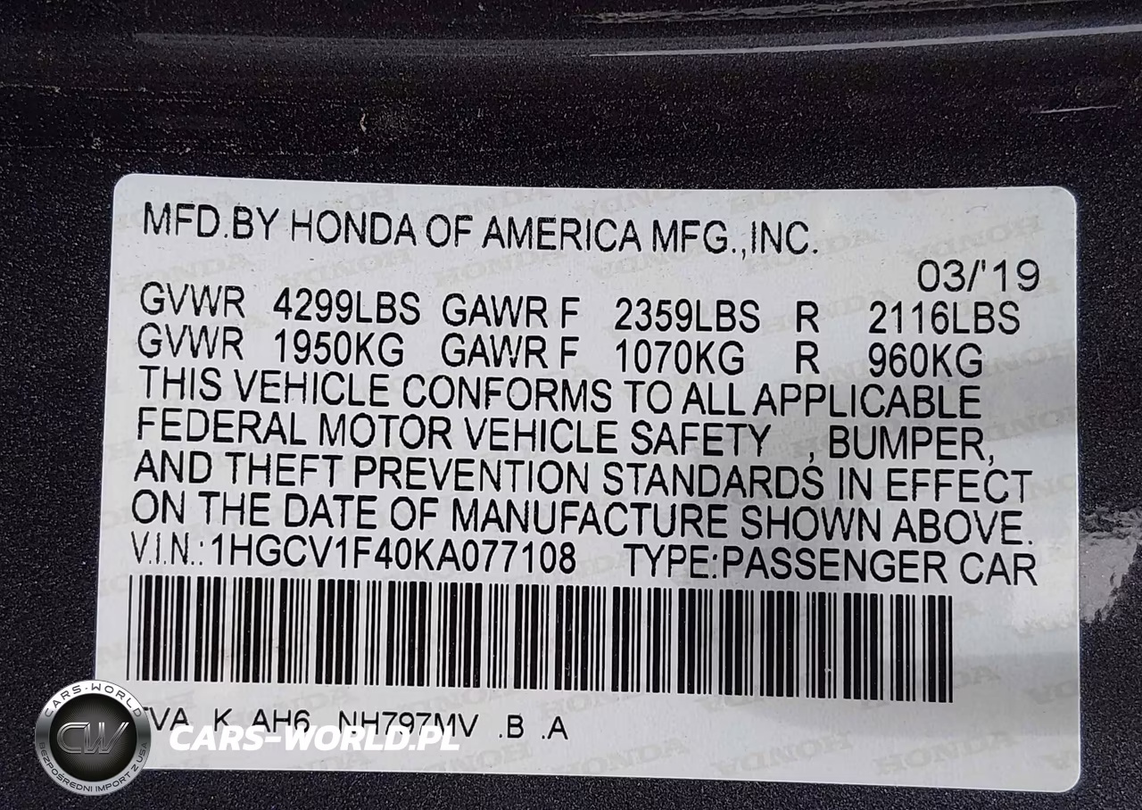 2019 Honda Accord Ex VIN:1HGCV1F40KA077108 - 9