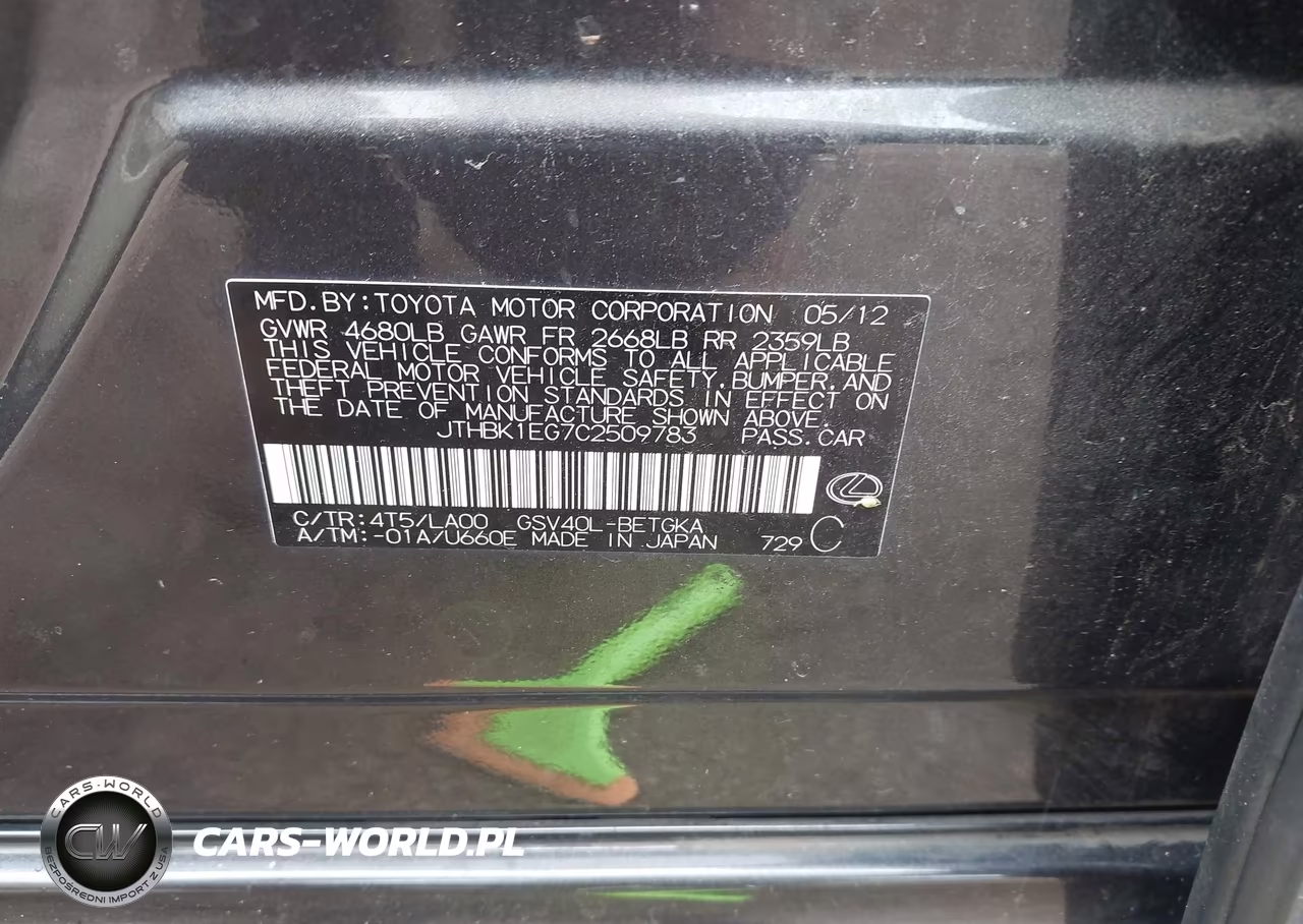 2012 Lexus Es 350 VIN:JTHBK1EG7C2509783 - 9