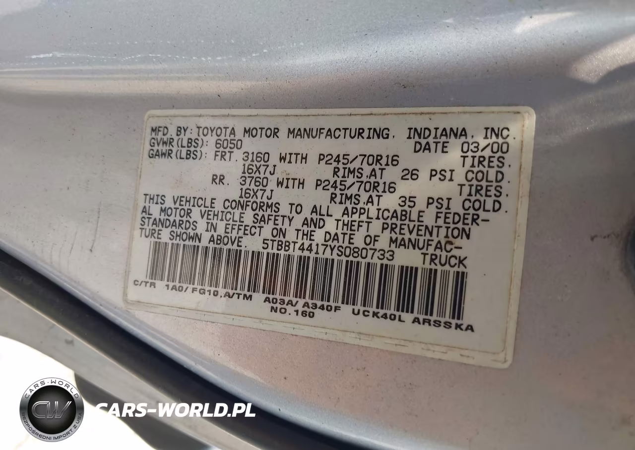 2000 Toyota Tundra Sr5 V8 VIN:5TBBT4417YS080733 - 9
