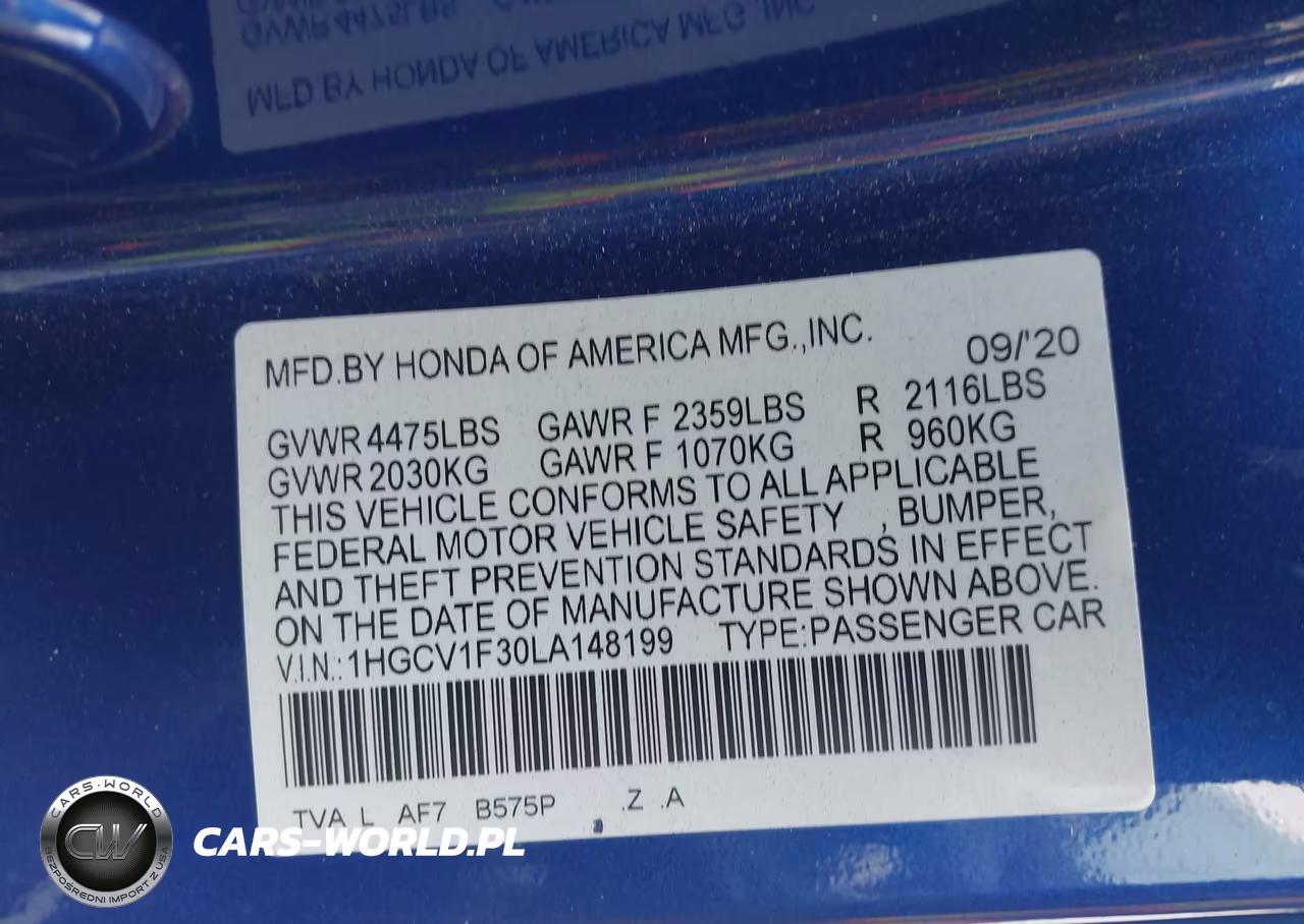 2020 Honda Accord Sport VIN:1HGCV1F30LA148199 - 9