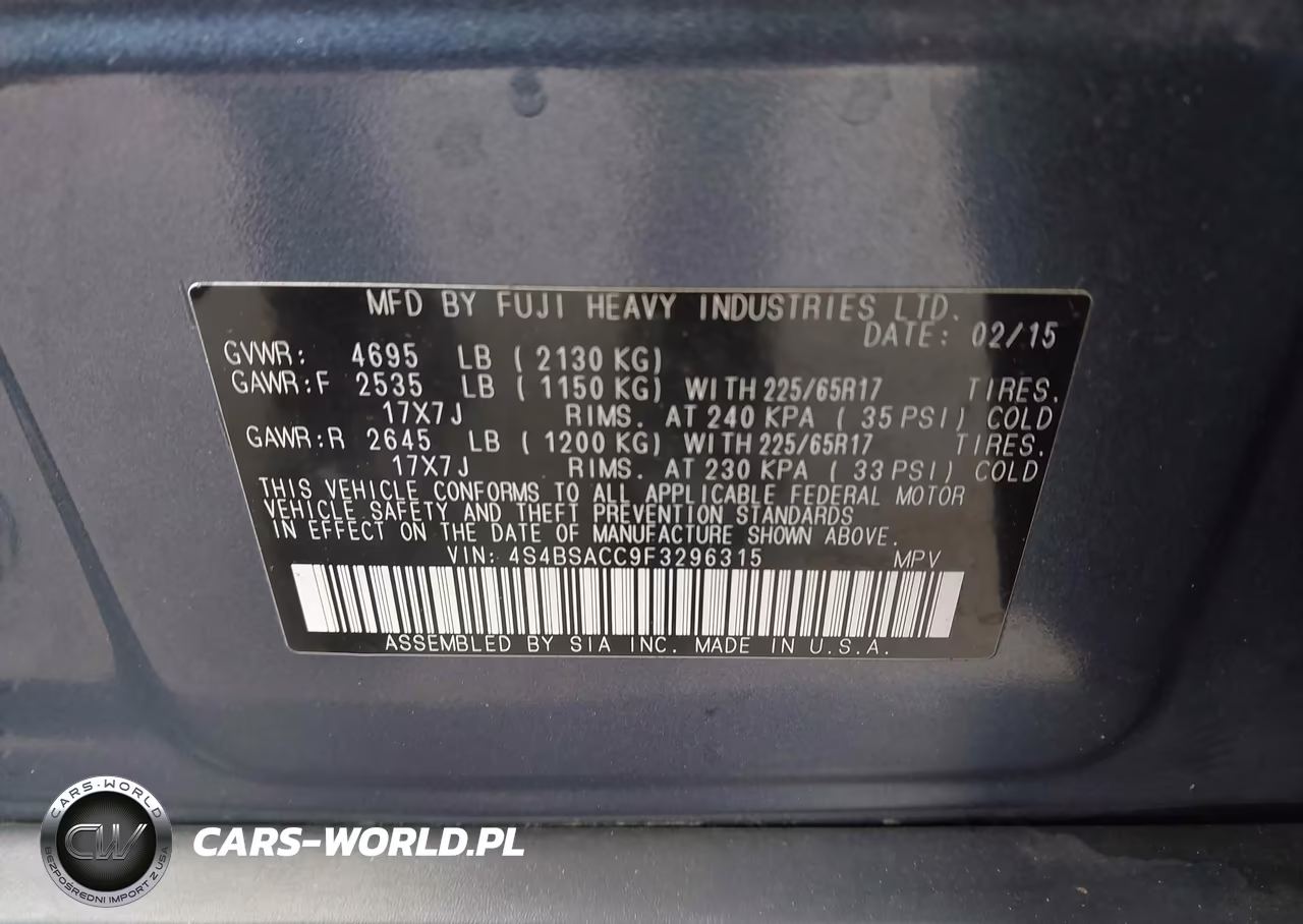 2015 Subaru Outback 2.5I Premium VIN:4S4BSACC9F3296315 - 9