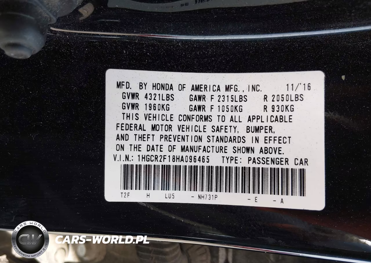 2017 Honda Accord Sport Se VIN:1HGCR2F18HA096465 - 9