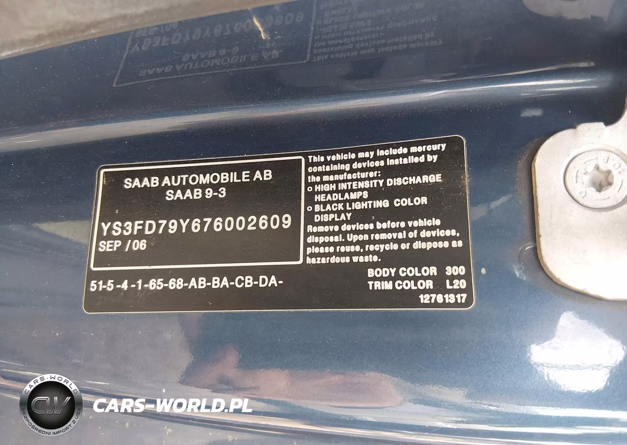 2007 Saab 9-3 2.0T VIN:YS3FD79Y676002609 - 9