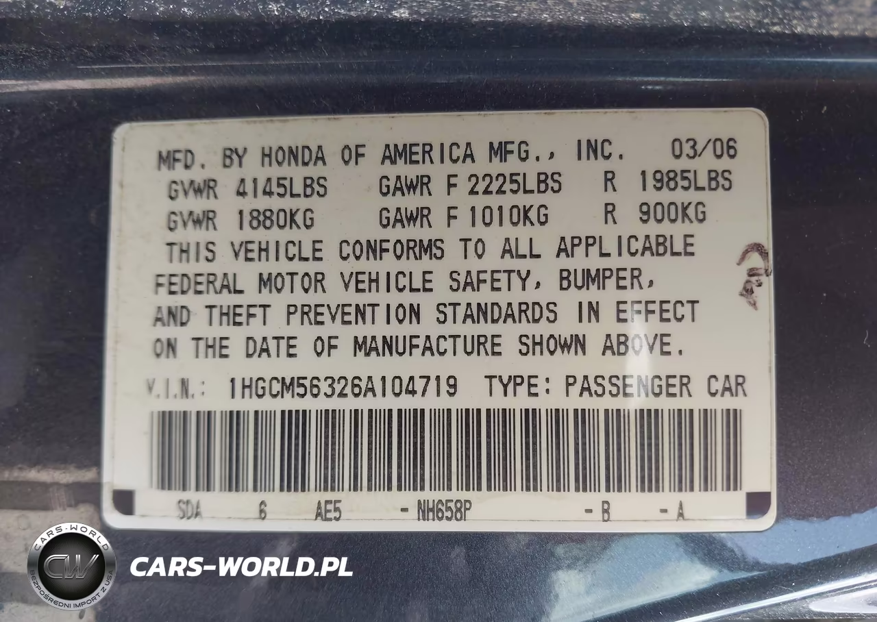 2006 Honda Accord 2.4 Se VIN:1HGCM56326A104719 - 9