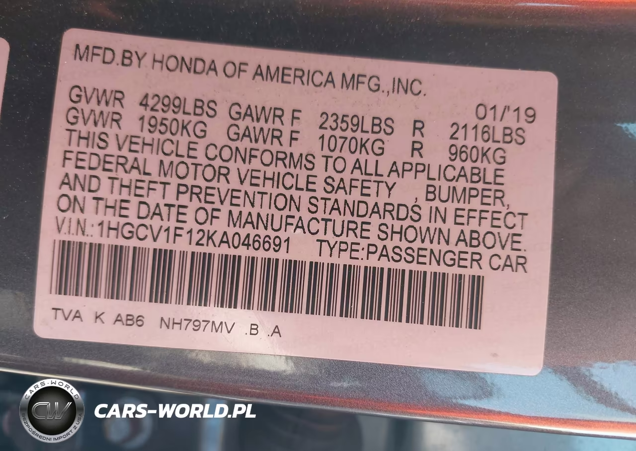 2019 Honda Accord Lx VIN:1HGCV1F12KA046691 - 9