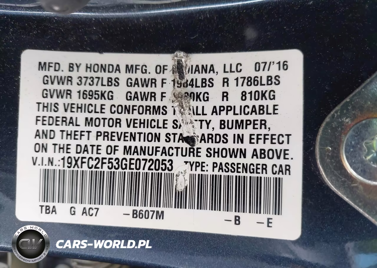 2016 Honda Civic Lx VIN:19XFC2F53GE072053 - 9