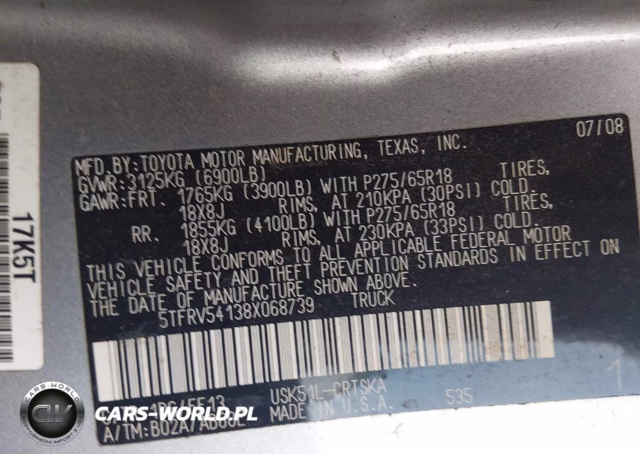 2008 Toyota Tundra Sr5 5.7L V8 VIN:5TFRV54138X068739 - 9