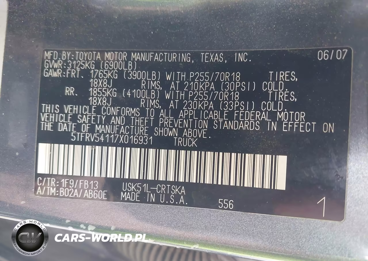 2007 Toyota Tundra Sr5 V8 VIN:5TFRV54117X016931 - 9