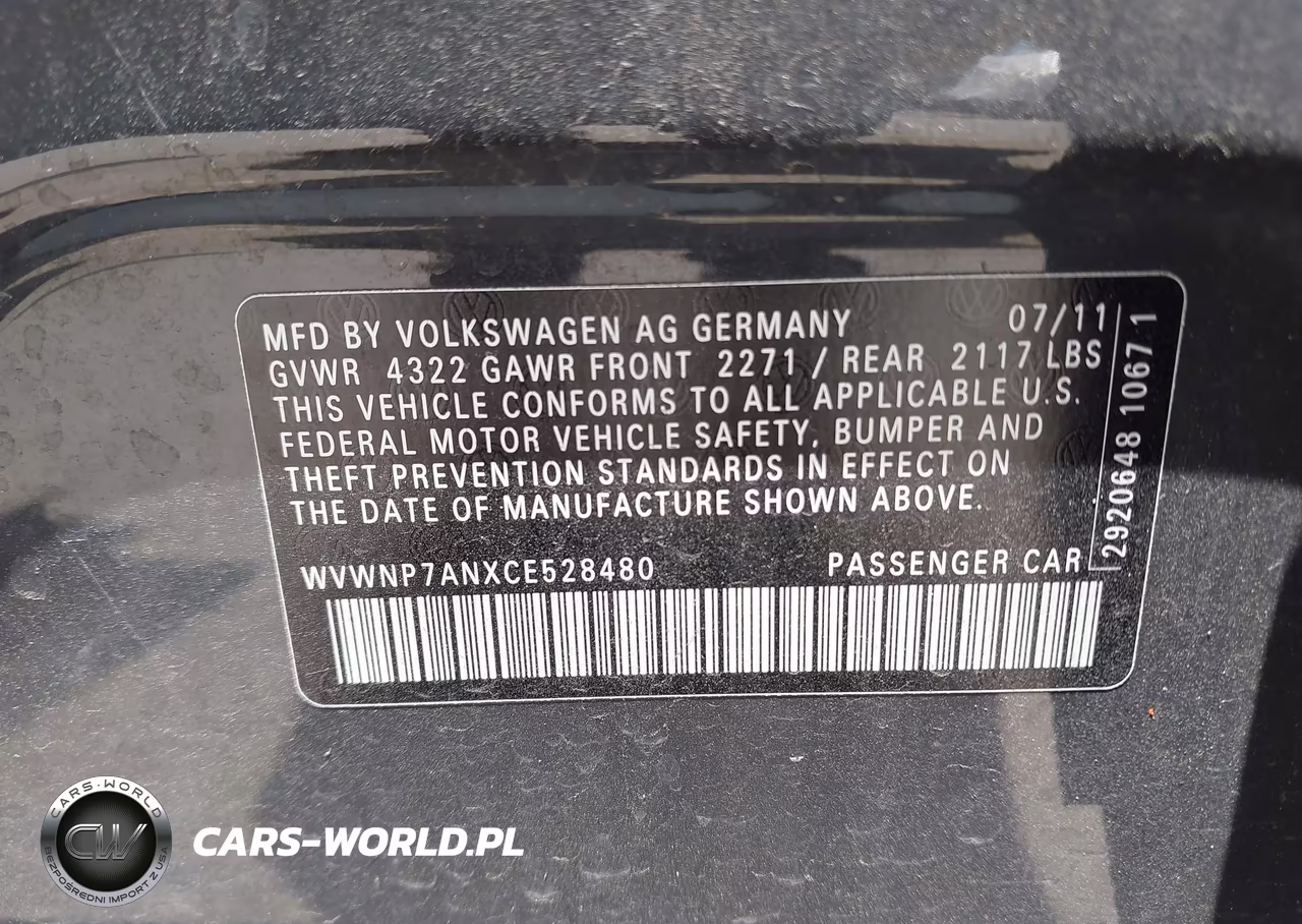 2012 Volkswagen Cc Sport VIN:WVWNP7ANXCE528480 - 9