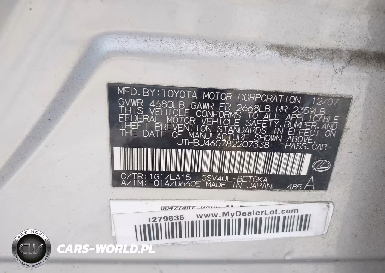 2008 Lexus Es 350 VIN:JTHBJ46G782207338 - 9