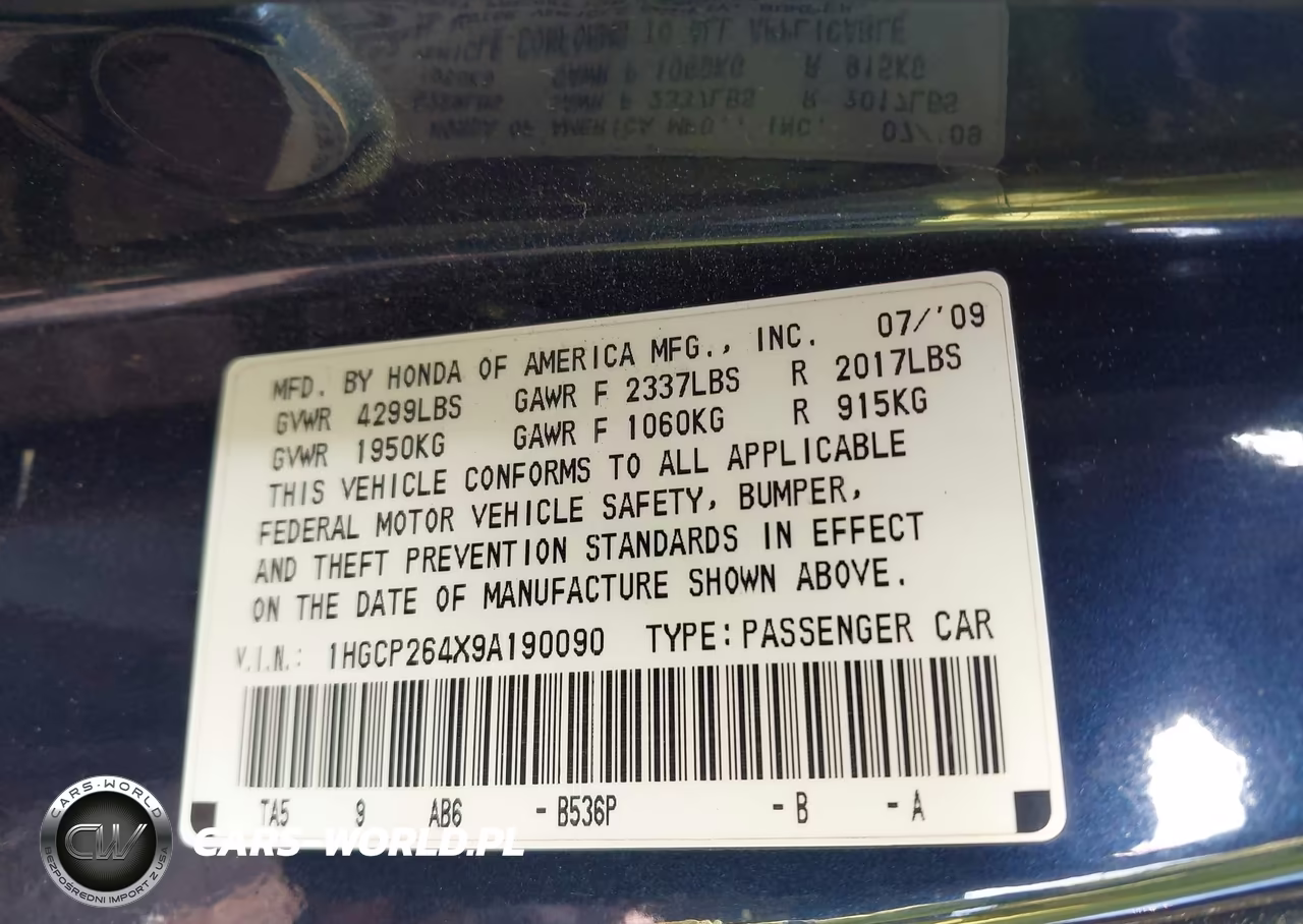 2009 Honda Accord 2.4 Lx-P VIN:1HGCP264X9A190090 - 9