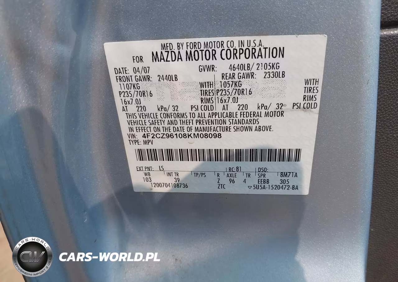 2008 Mazda Tribute S Sport VIN:4F2CZ96108KM08098 - 9