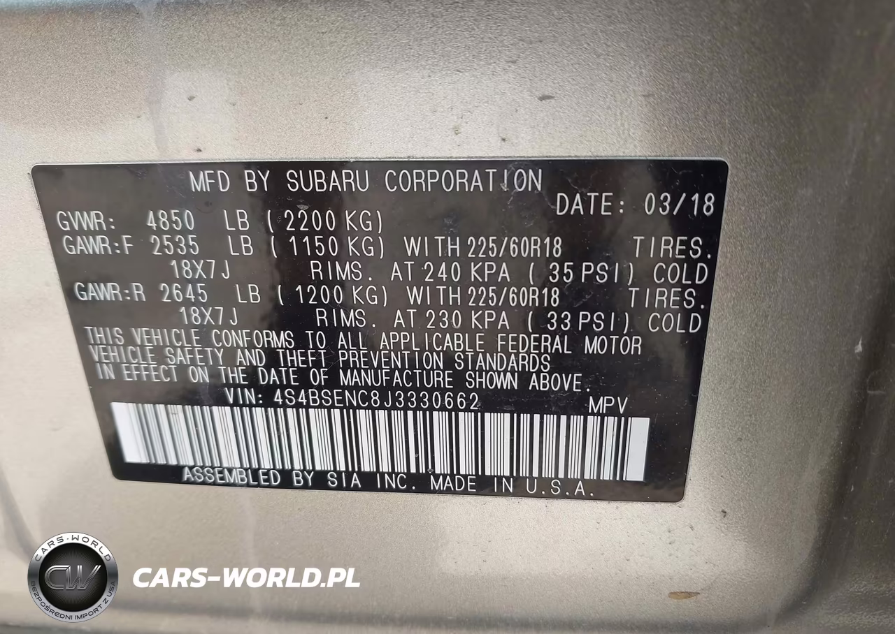 2018 Subaru Outback 3.6R Limited VIN:4S4BSENC8J3330662 - 9