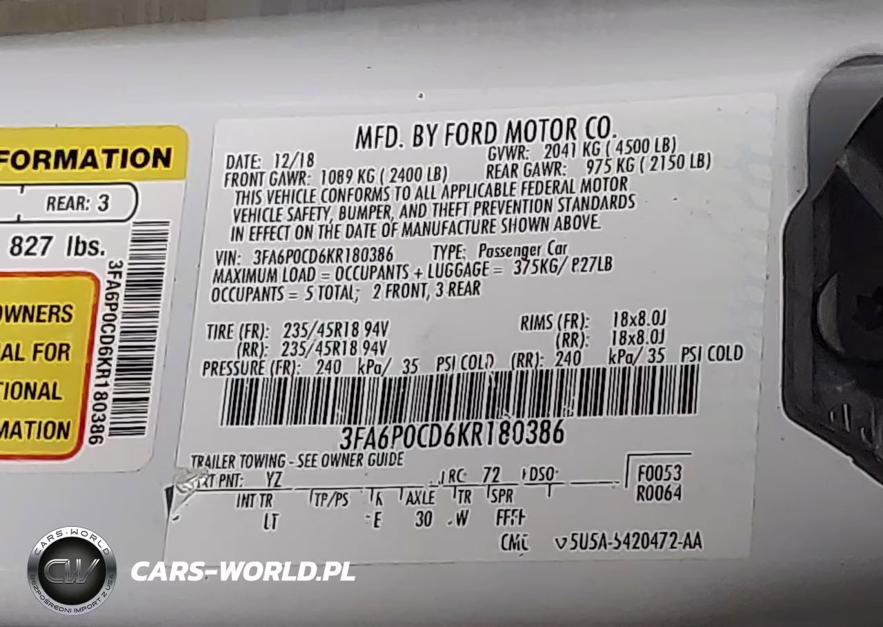 2019 Ford Fusion Sel VIN:3FA6P0CD6KR180386 - 9