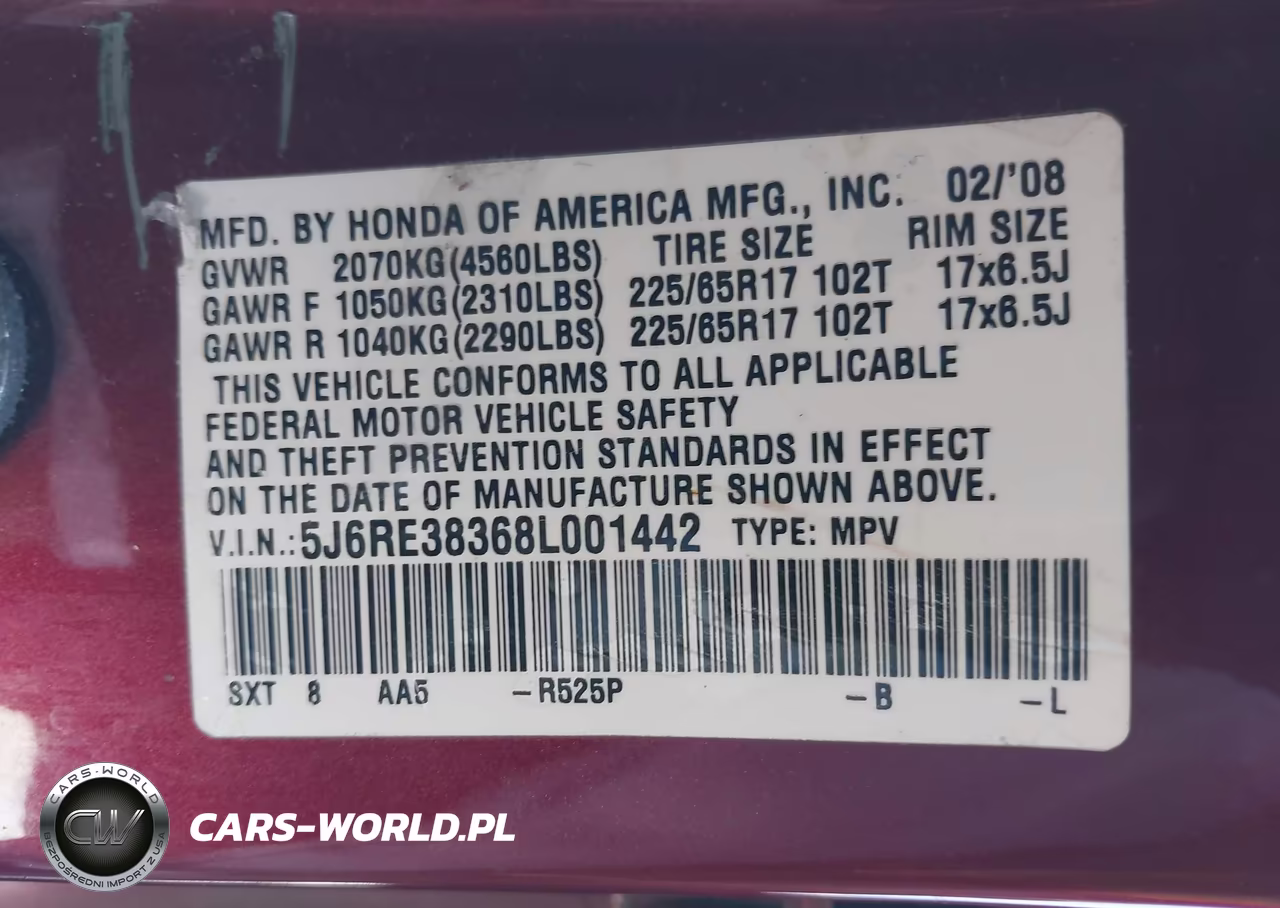 2008 Honda Cr-V Lx VIN:5J6RE38368L001442 - 9