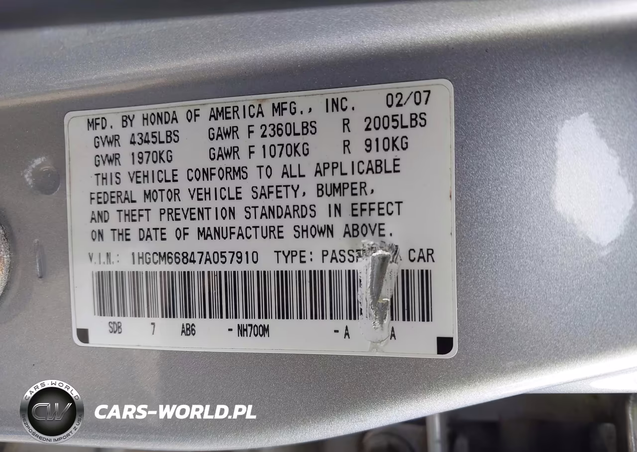 2007 Honda Accord 3.0 Ex VIN:1HGCM66847A057910 - 9