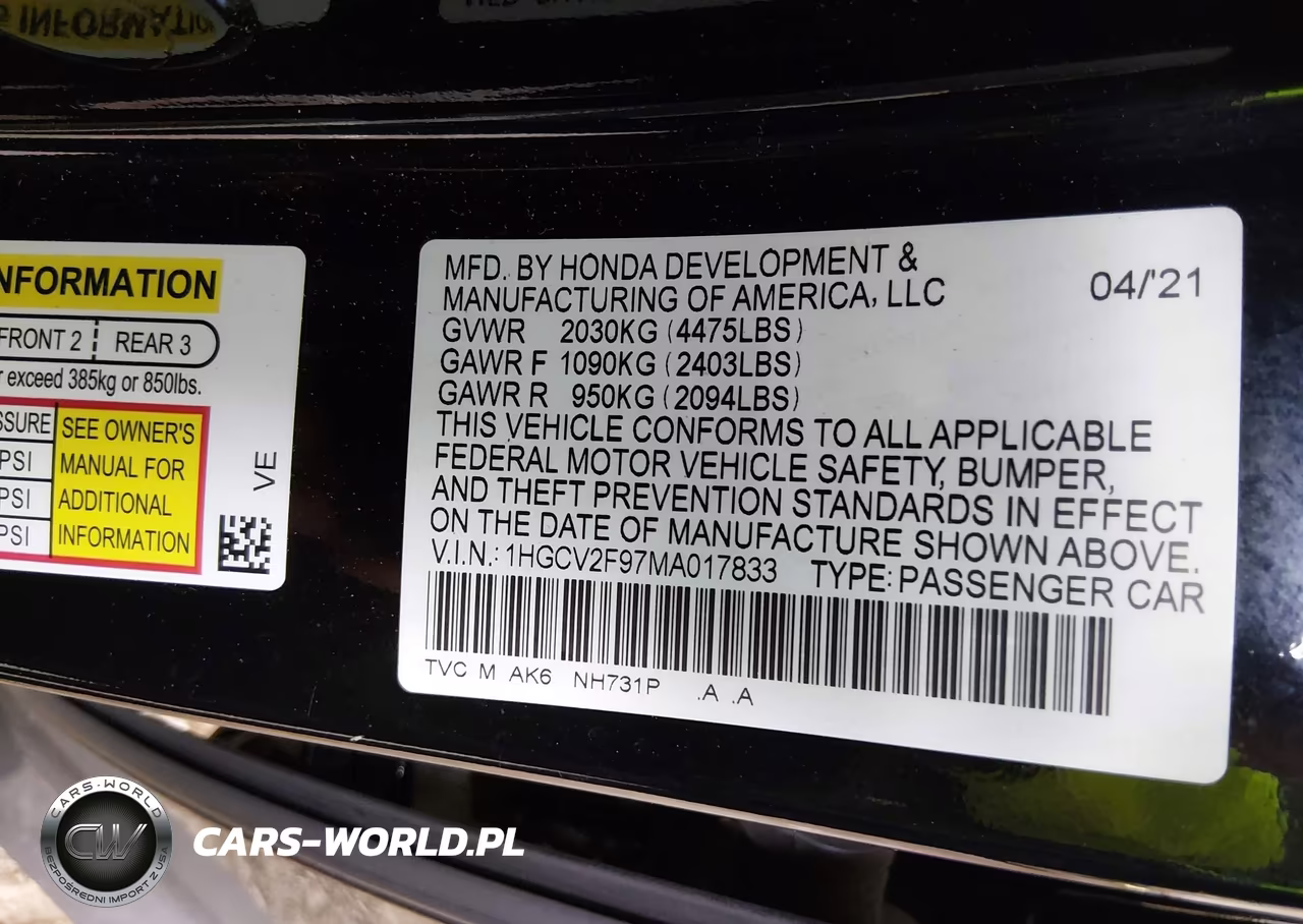 2021 Honda Accord Touring VIN:1HGCV2F97MA017833 - 9
