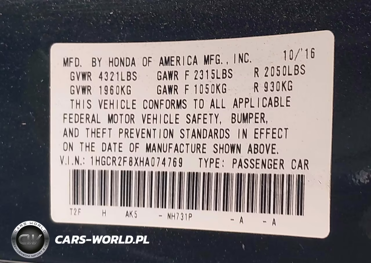 2017 Honda Accord Ex-L VIN:1HGCR2F8XHA074769 - 9
