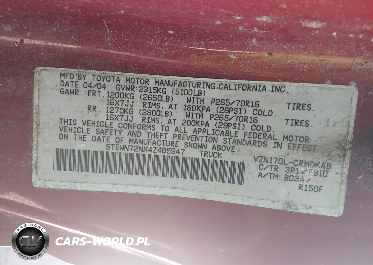 2004 Toyota Tacoma Base V6 VIN:5TEWN72NX4Z405947 - 8