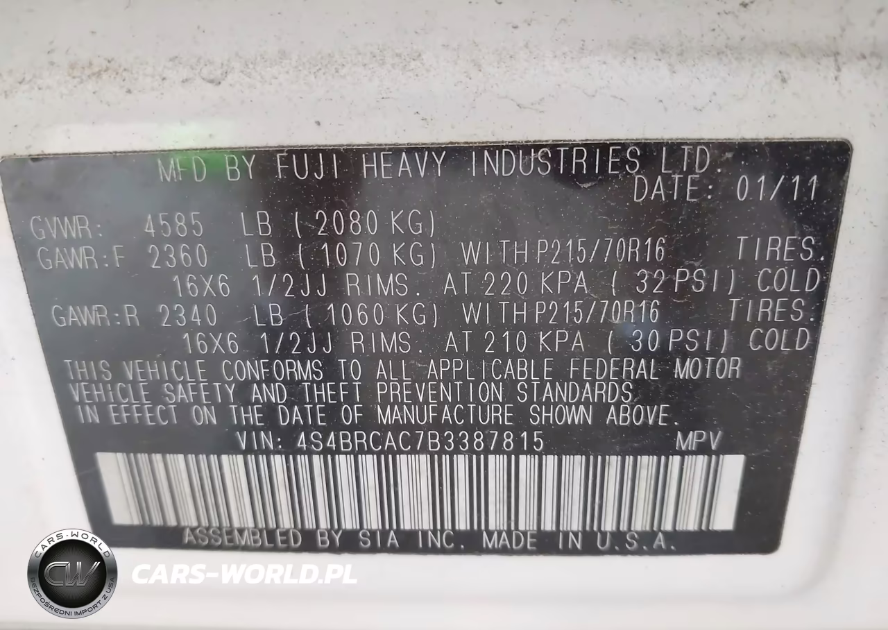 2011 Subaru Outback 2.5I VIN:4S4BRCAC7B3387815 - 9
