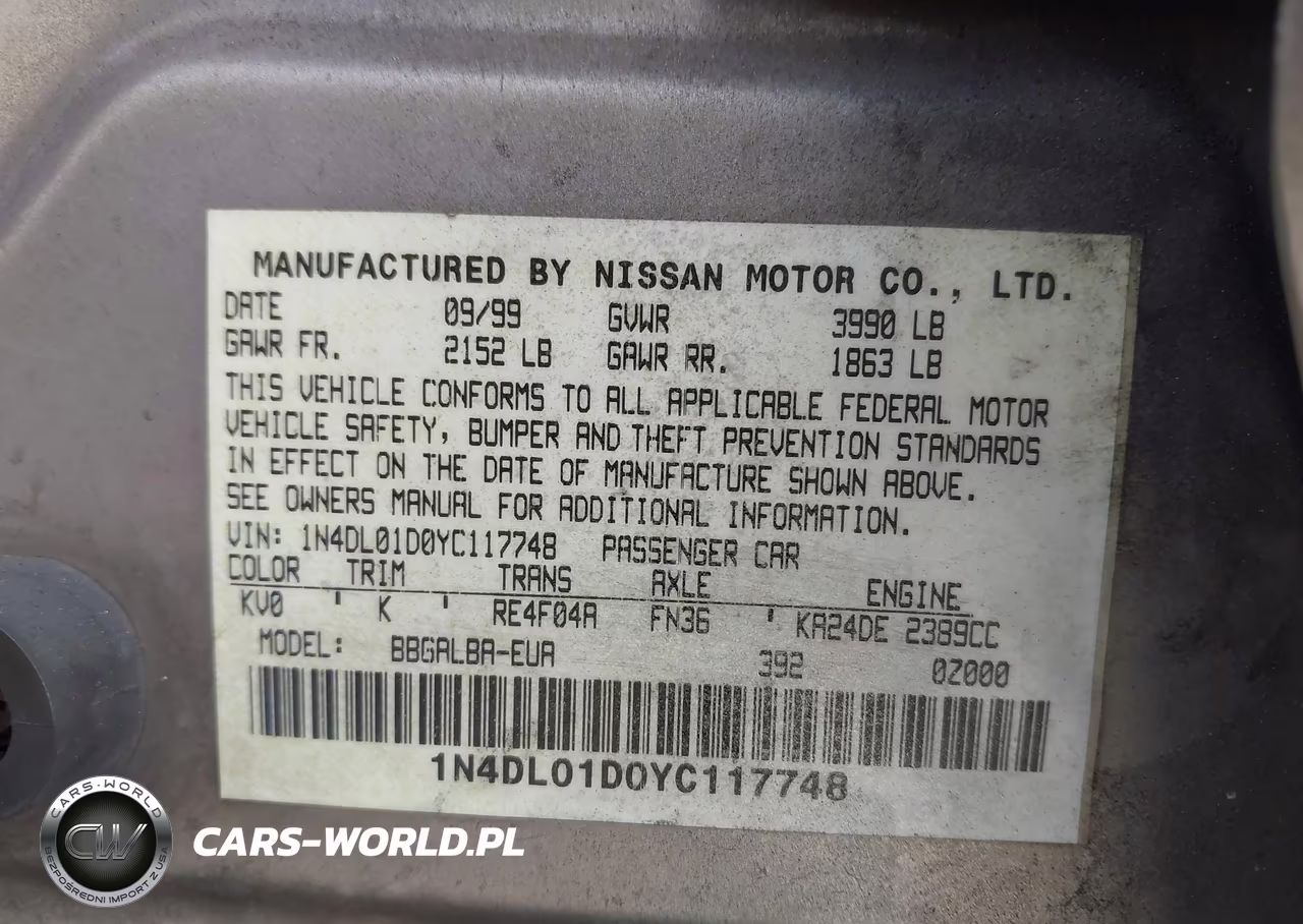 2000 Nissan Altima Gle-Gxe-Se-Xe VIN:1N4DL01D0YC117748 - 9