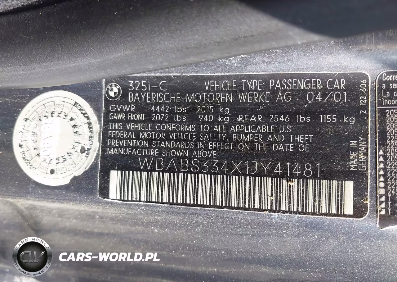 2001 BMW 325Ci VIN:WBABS334X1JY41481 - 9