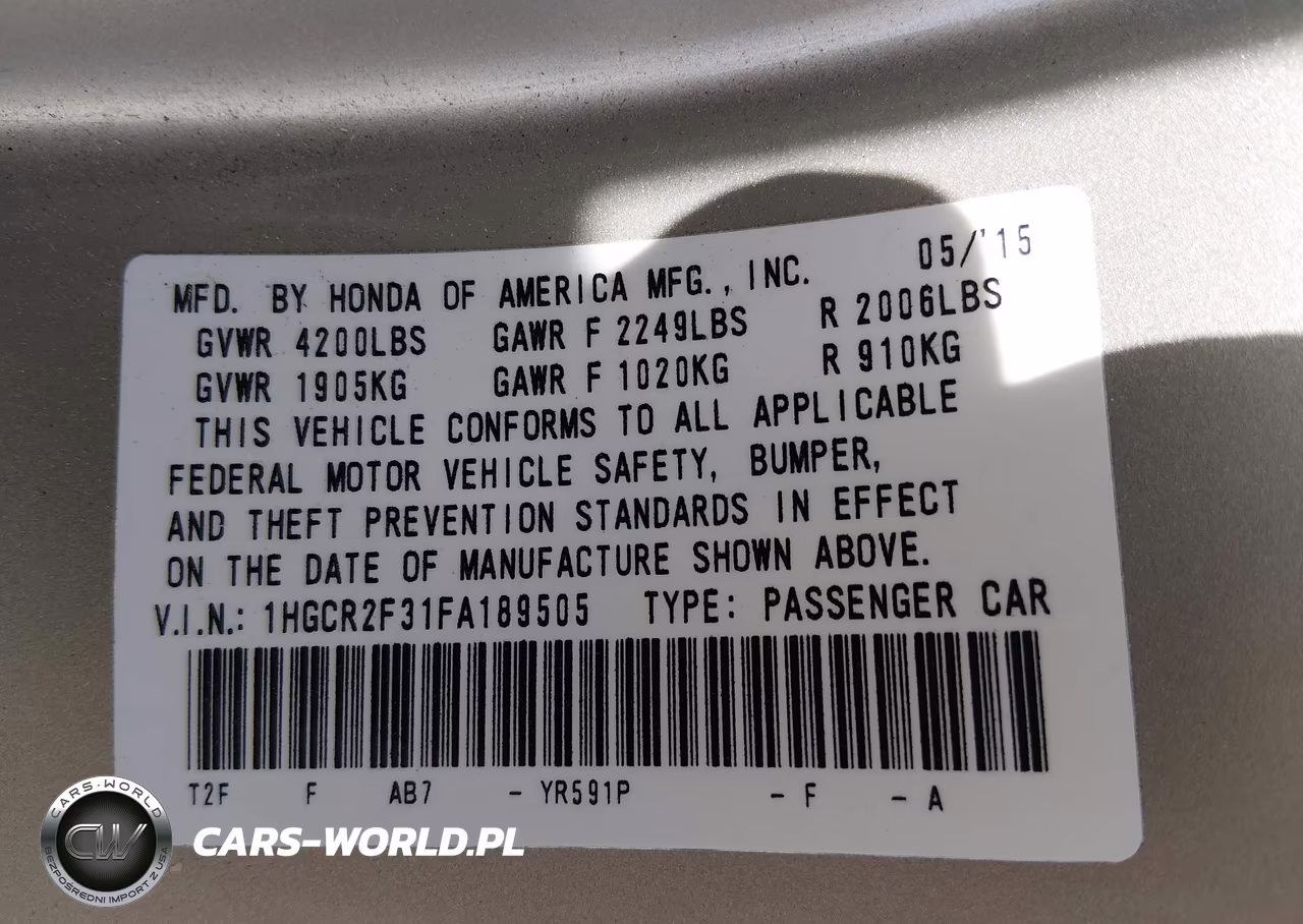 2015 Honda Accord Lx VIN:1HGCR2F31FA189505 - 9