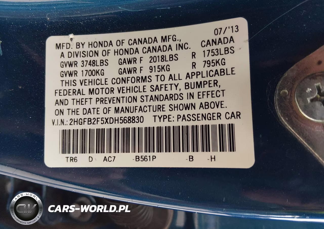 2013 Honda Civic Lx VIN:2HGFB2F5XDH568830 - 9