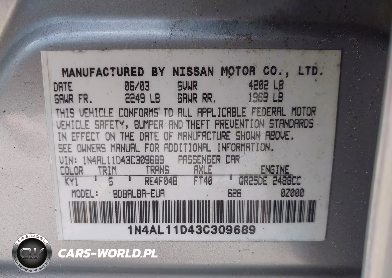 2003 Nissan Altima 2.5 S VIN:1N4AL11D43C309689 - 9