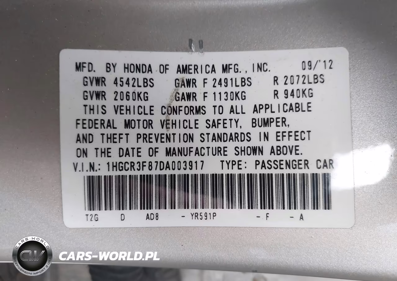 2013 Honda Accord Ex-L V-6 VIN:1HGCR3F87DA003917 - 9