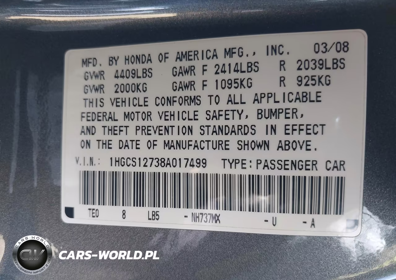 2008 Honda Accord 2.4 Ex VIN:1HGCS12738A017499 - 9
