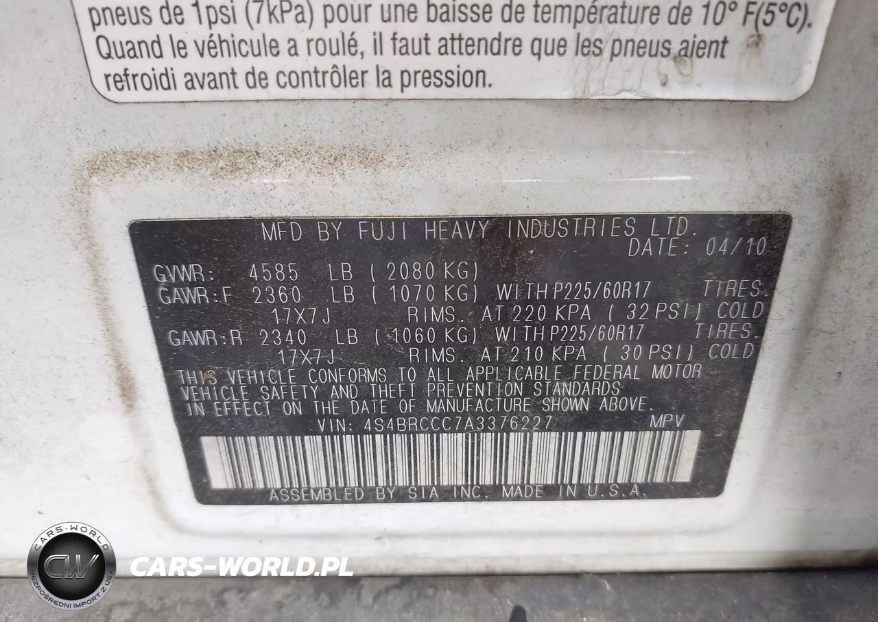 2010 Subaru Outback 2.5I Premium VIN:4S4BRCCC7A3376227 - 9