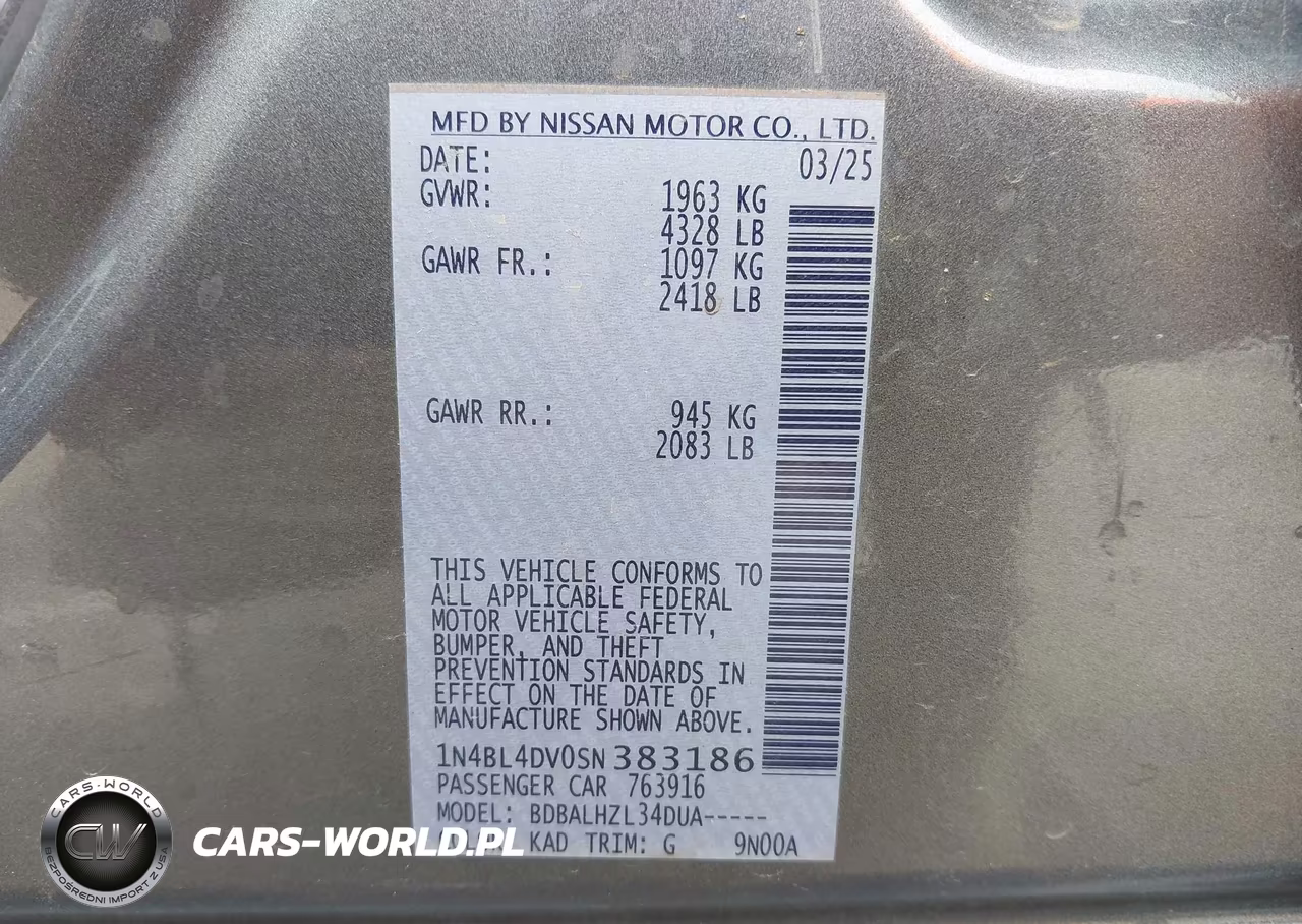 2025 Nissan Altima Sv Fwd VIN:1N4BL4DV0SN383186 - 9