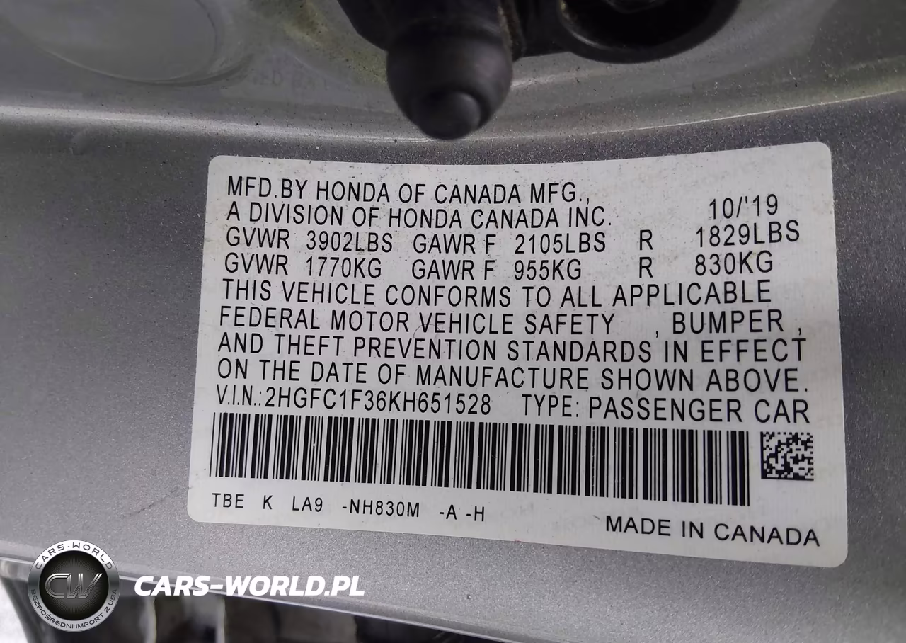 2019 Honda Civic Ex VIN:2HGFC1F36KH651528 - 9