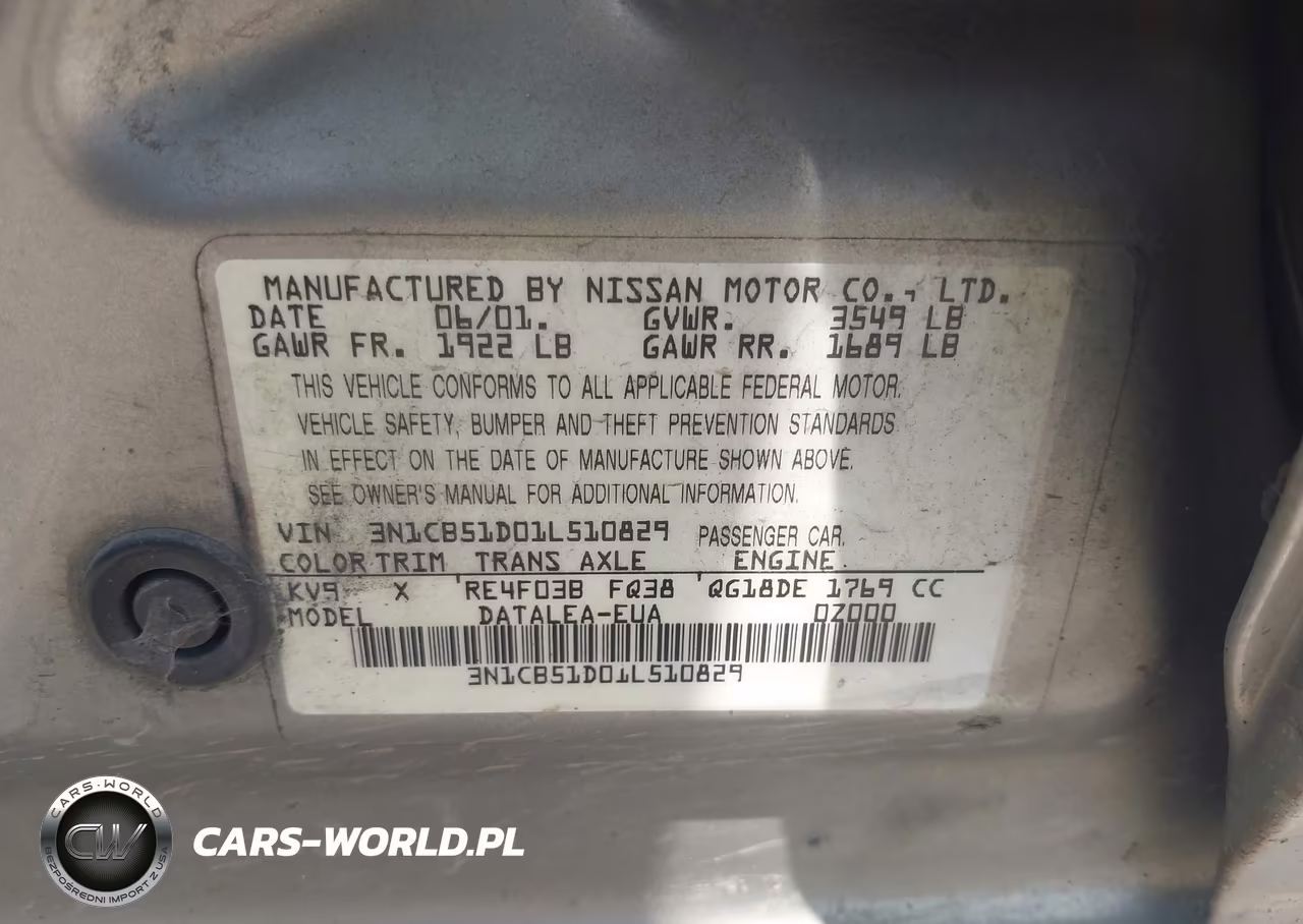 2001 Nissan Sentra Gxe VIN:3N1CB51D01L510829 - 9