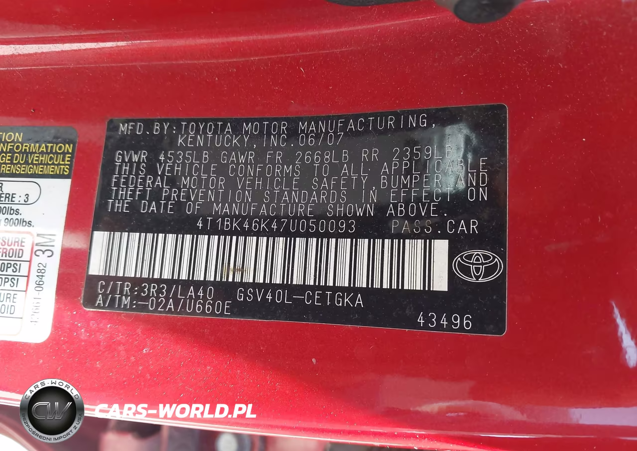 2007 Toyota Camry Xle V6 VIN:4T1BK46K47U050093 - 9