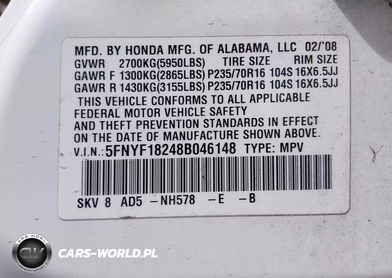 2008 Honda Pilot Vp VIN:5FNYF18248B046148 - 9