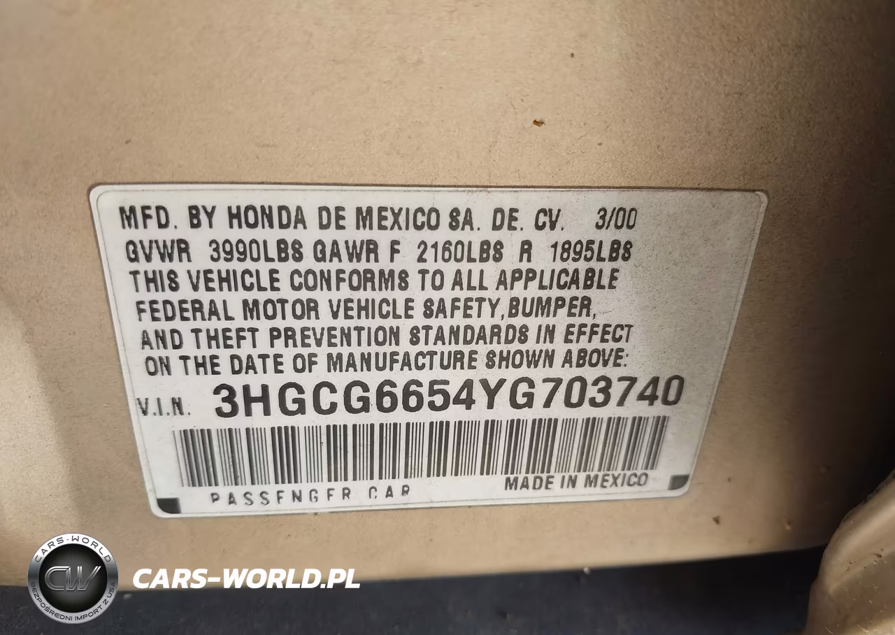 2000 Honda Accord 2.3 Lx VIN:3HGCG6654YG703740 - 9